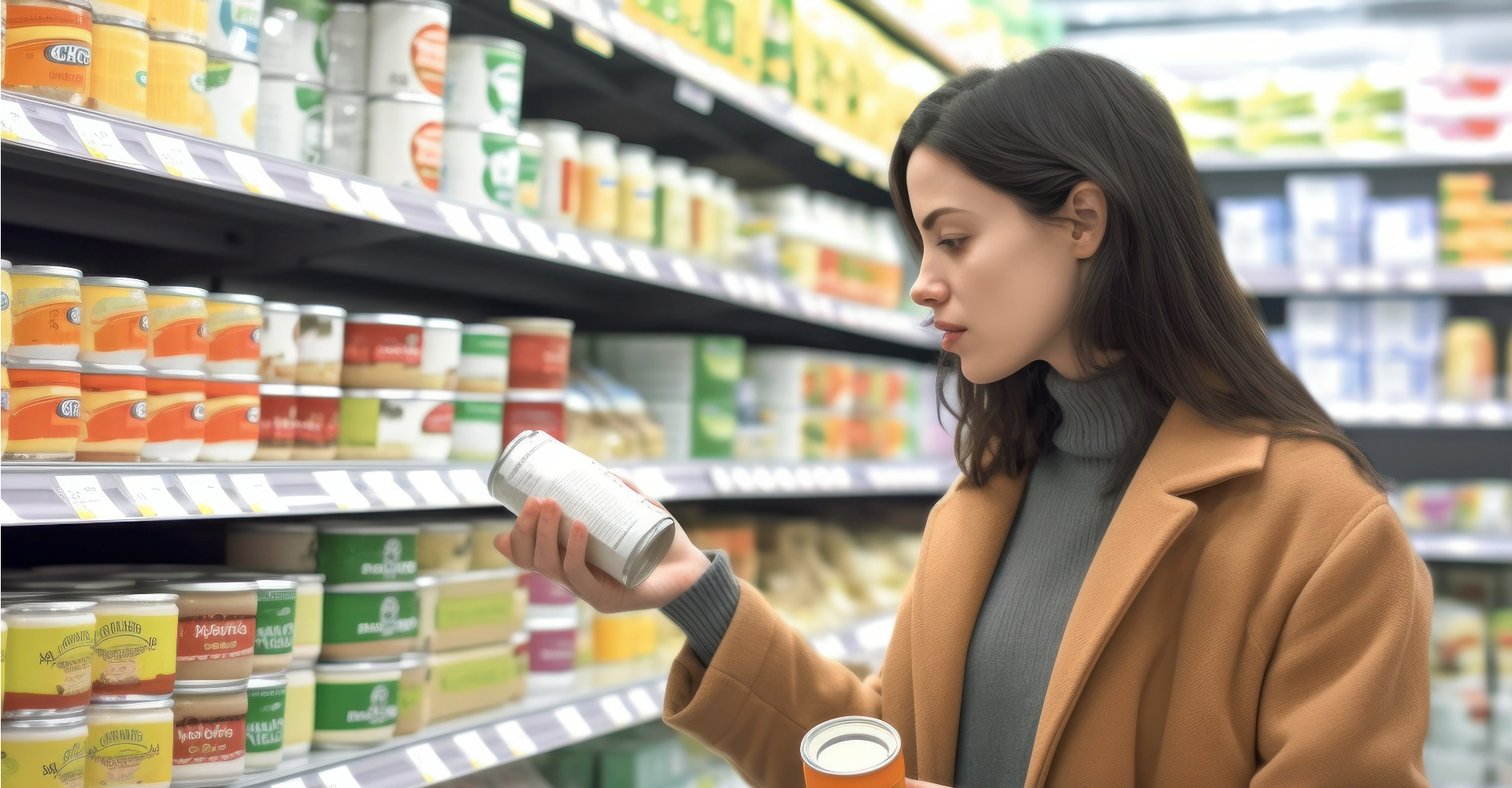 Lady looking at food labels in a supermarket