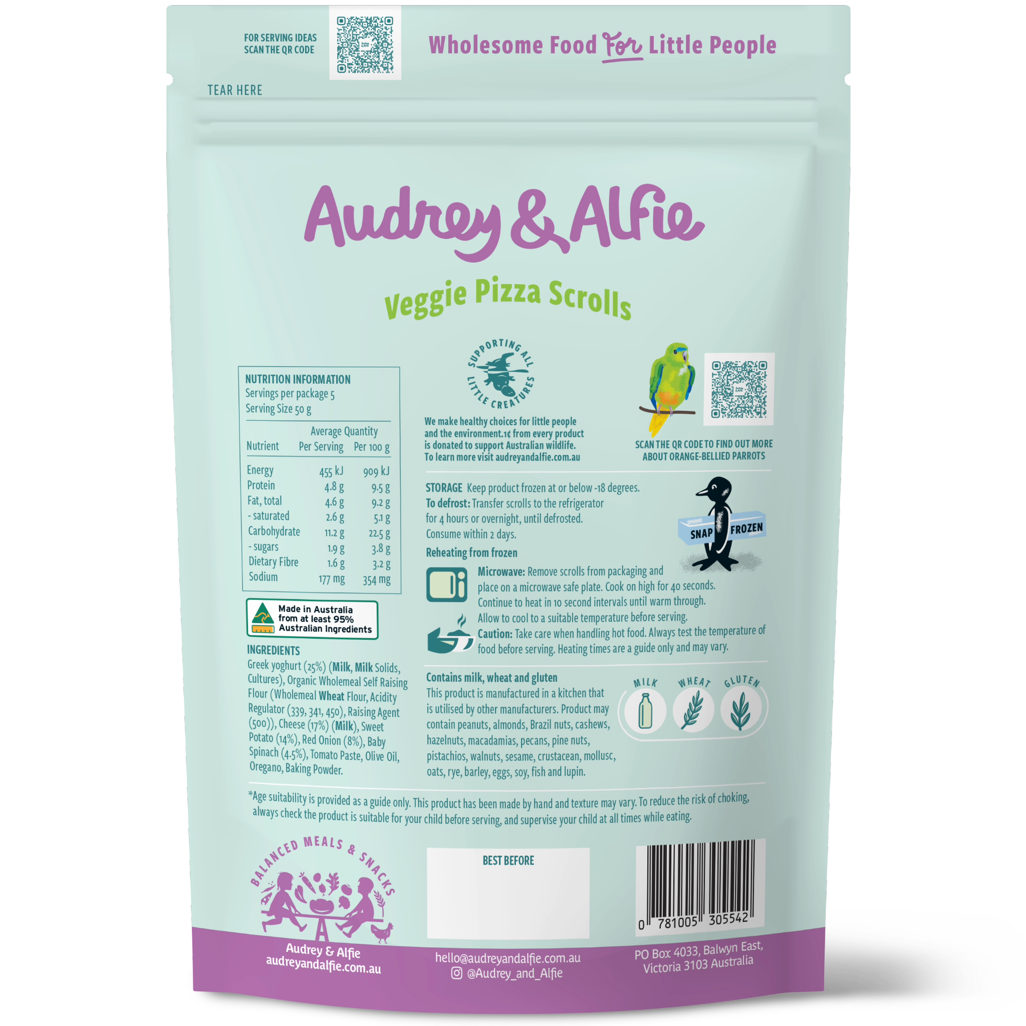 Veggie Pizza Scrolls from Audrey and Alfie - Back of Packet with Nutrition Information Panel