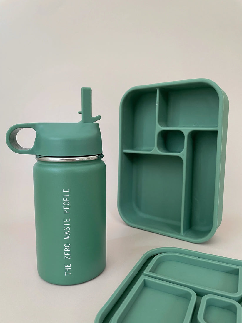 Sage water bottle and bento lunchbox from The Zero Waste People