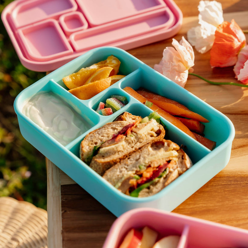 Aqua Bento Lunchbox from The Zero Waste People filled with healthy food