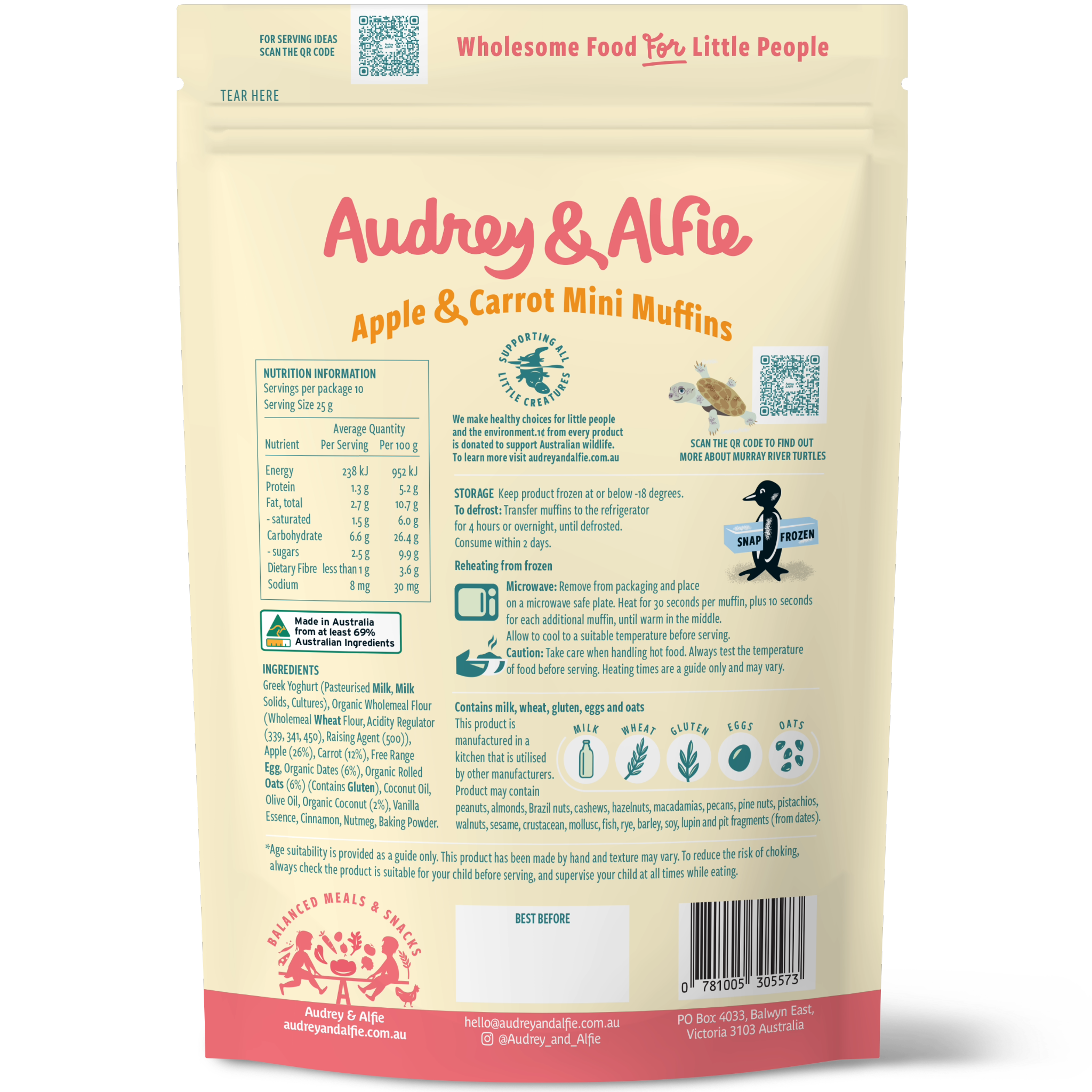 Apple & Carrot Mini Muffins from Audrey and Alfie - Back of Packet with Nutrition Information Panel