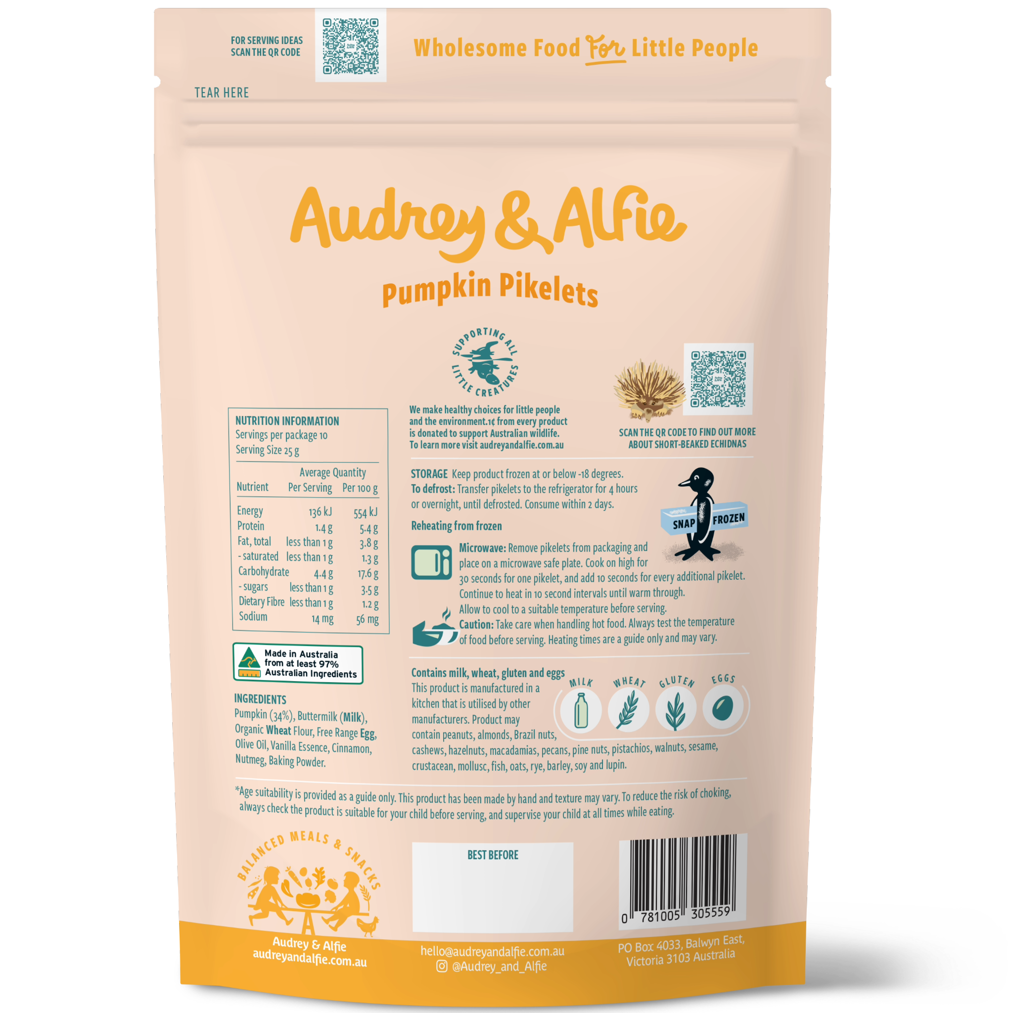 Pumpkin Pikelets from Audrey and Alfie - Back of Packet with Nutrition Information Panel