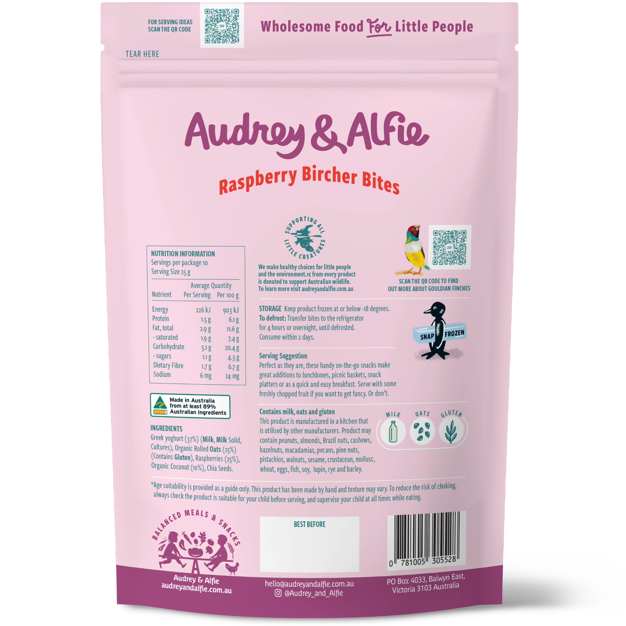 Raspberry Bircher Bites from Audrey and Alfie - Back of Packet with Nutrition Information Panel