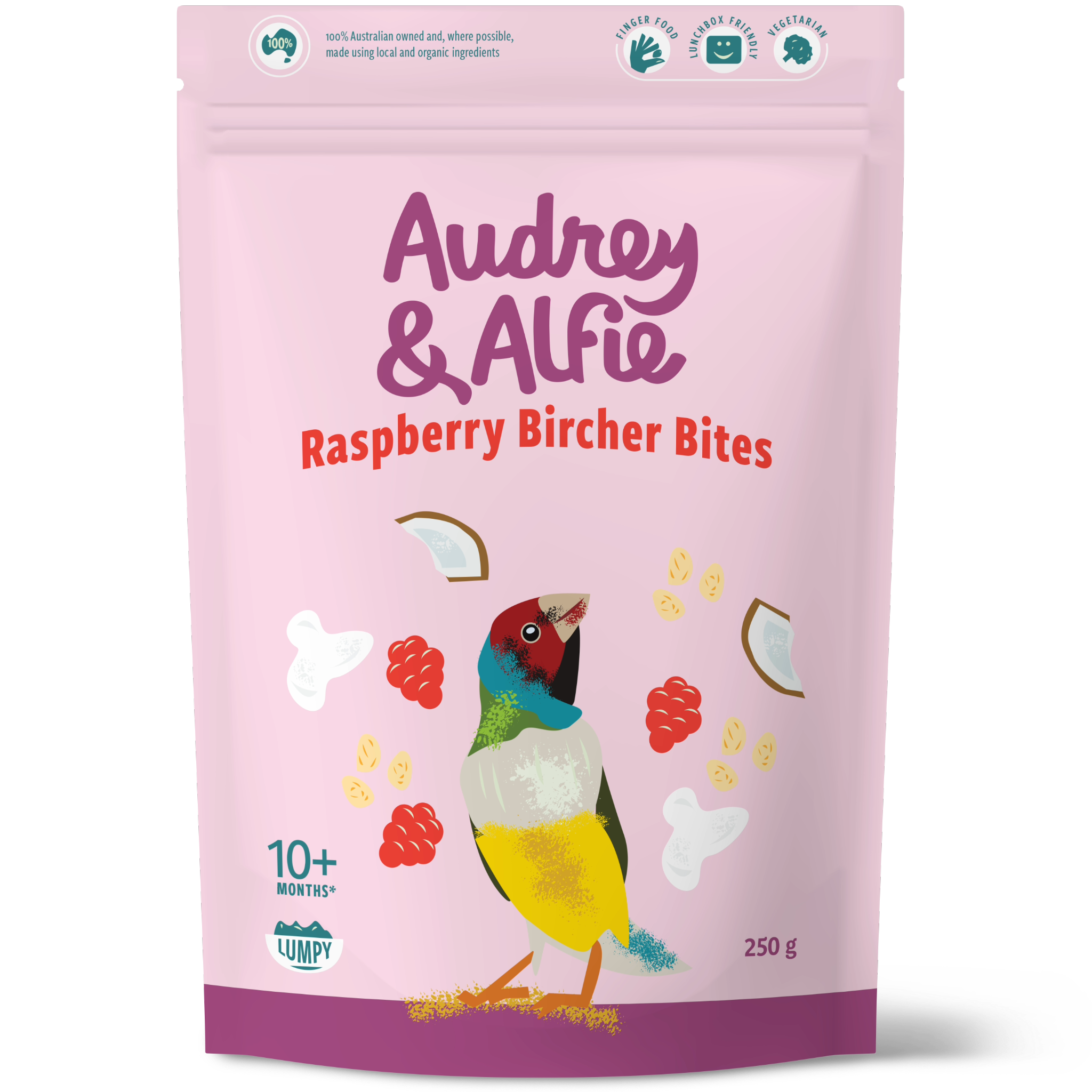 A Packet of Raspberry Bircher Bites from Audrey & Alfie's Finger Food Range