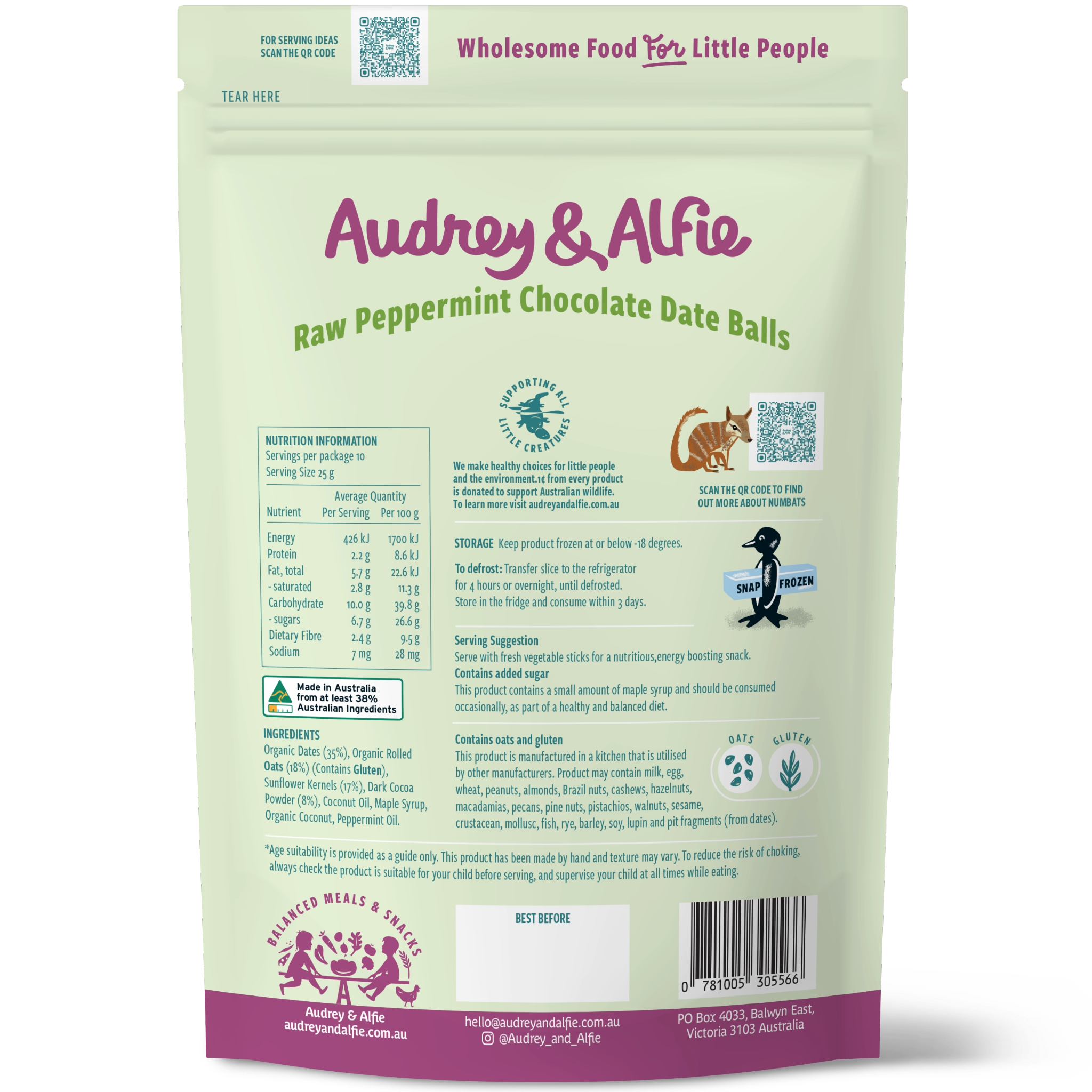 Raw Peppermint Chocolate Date Balls from Audrey and Alfie - Back of Packet with Nutrition Information Panel