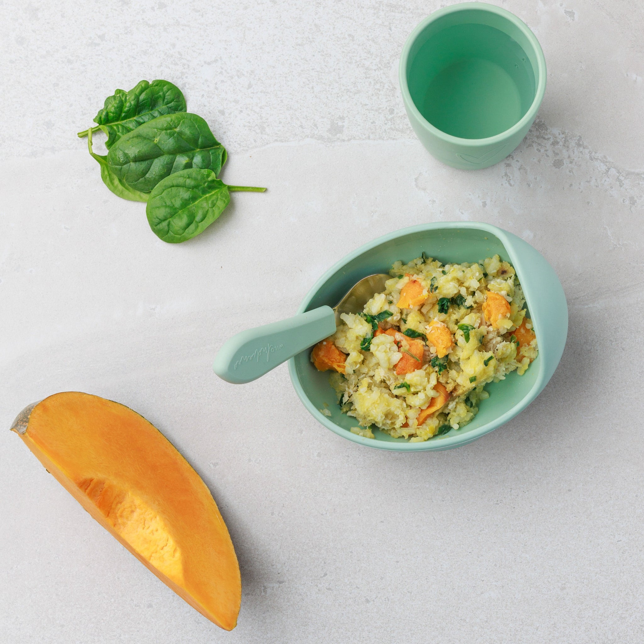 A bowl of Chicken, Roast Pumpkin & Spinach Risotto from Audrey and Alfie's Bowl Range