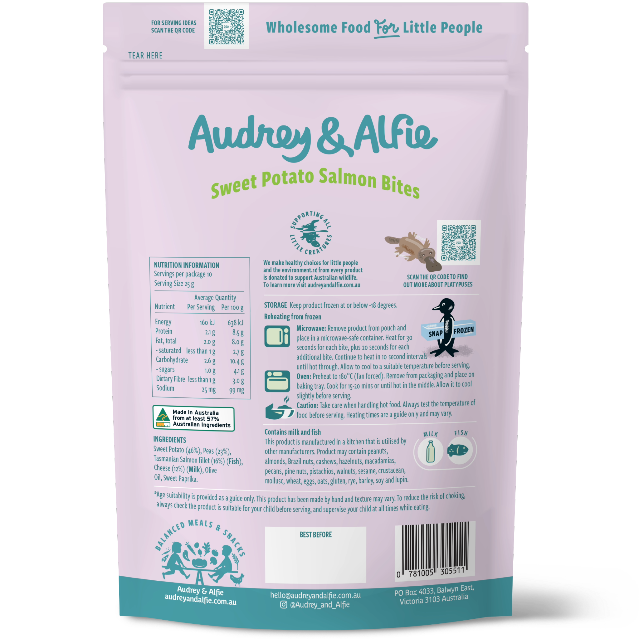 Sweet Potato Salmon Bites from Audrey and Alfie - Back of Packet with Nutrition Information Panel
