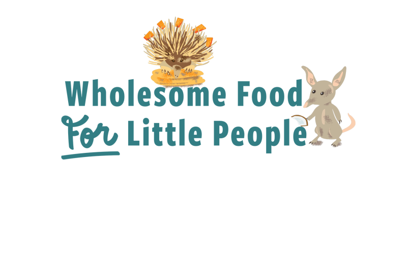 Text reading: Wholesome food for little people, and alongside the text are illustrated animals holding food