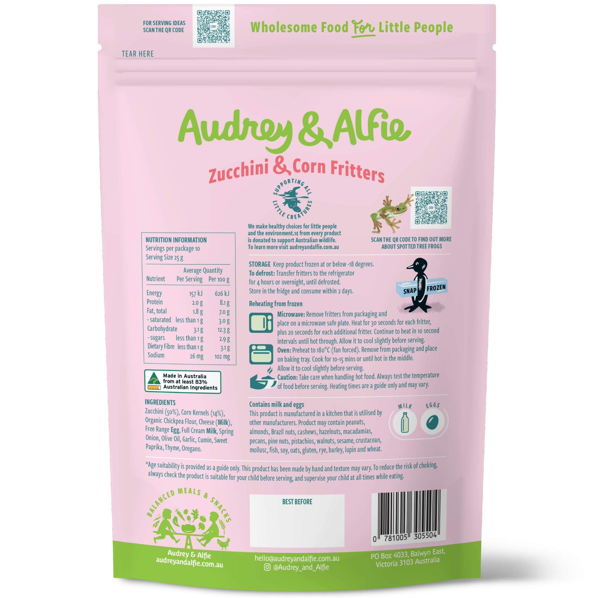 Zucchini & Corn Fritters from Audrey and Alfie - Back of Packet with Nutrition Information Panel