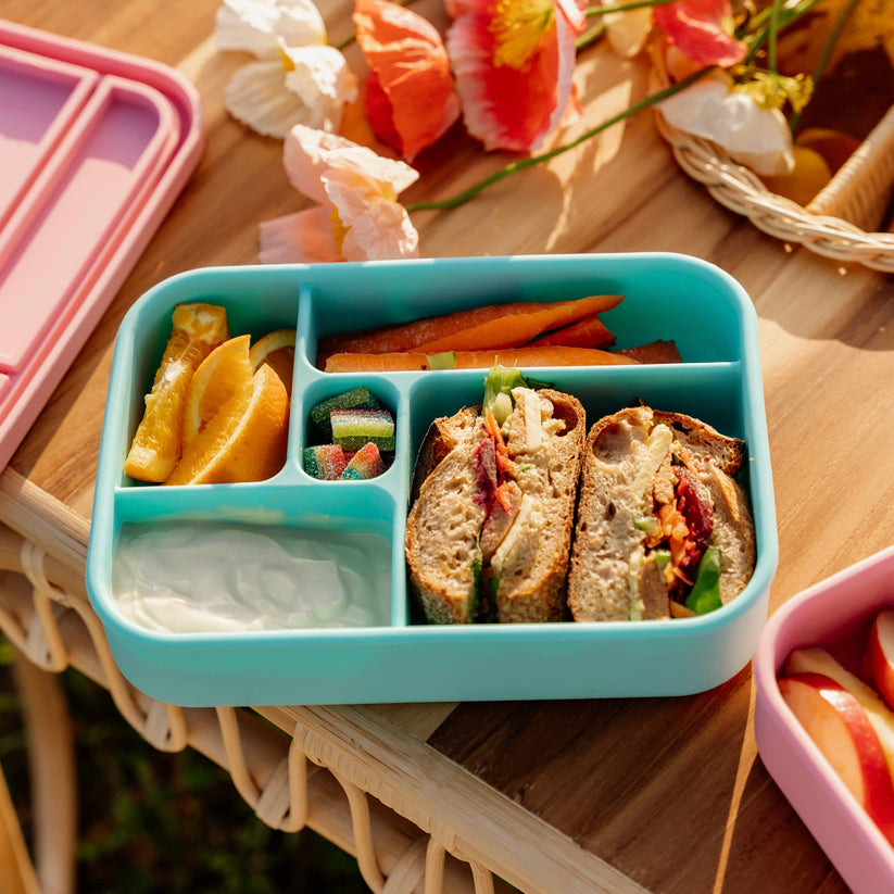 Aqua Bento Lunchbox from The Zero Waste People filled with healthy food