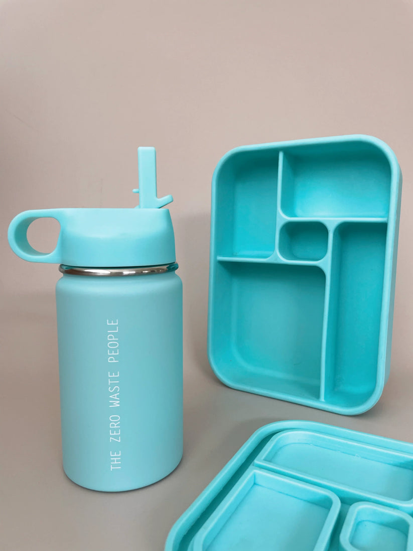 Aqua water bottle and bento lunchbox from The Zero Waste People
